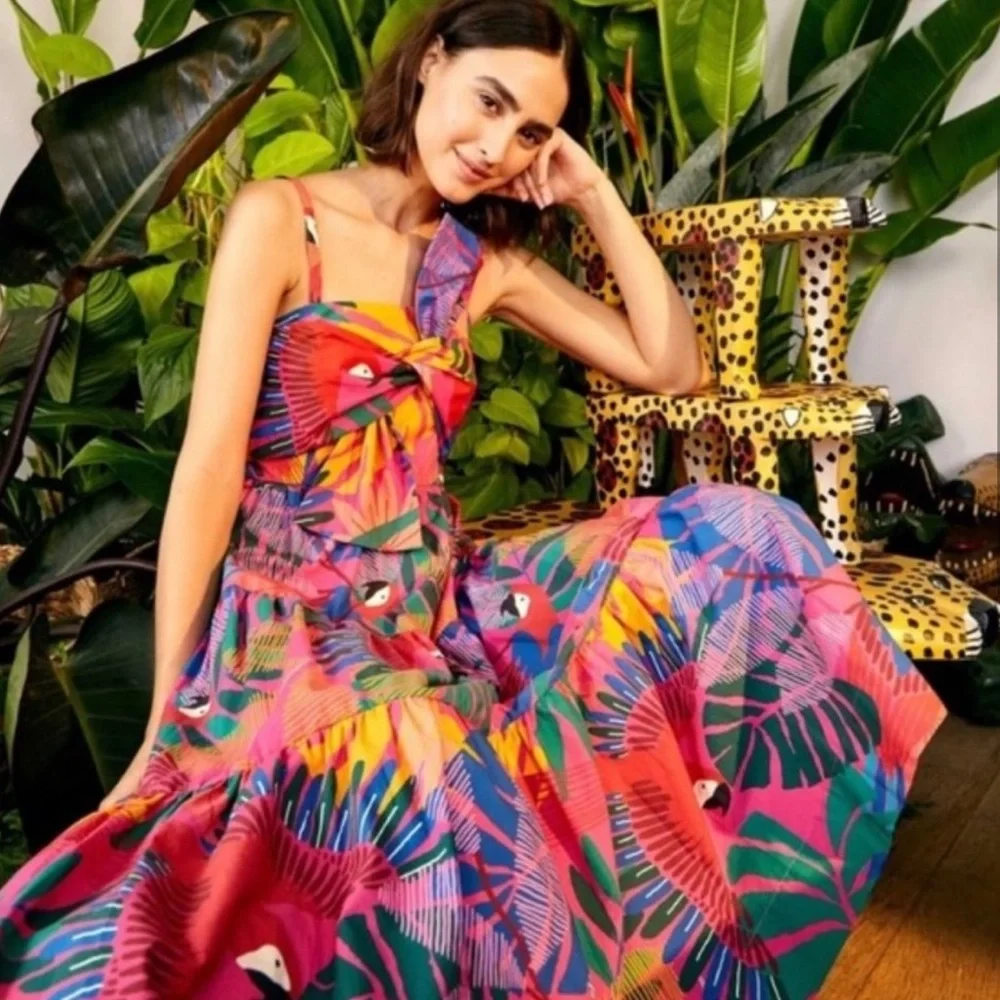 NWT farm rio macaw cotton midi dress - Picture 1 of 10